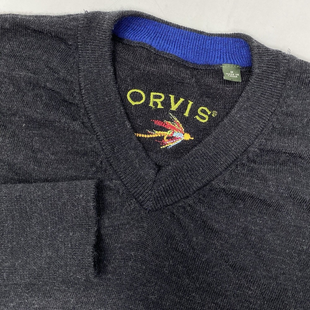 Orvis V-Neck Sweater Mens Medium Charcoal Gray 100% Wool Fly Fishing Logo